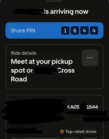 Uber app screenshot showing the ride OTP 1644 matching the vehicle number
